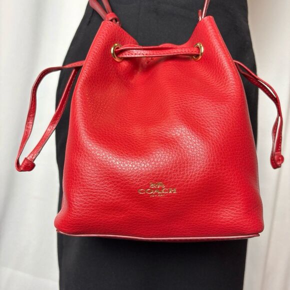 Coach Purse Derby Crossbody Bag Red Pebbled Leather Drawstring Bucket Sold Out! - Picture 9 of 12